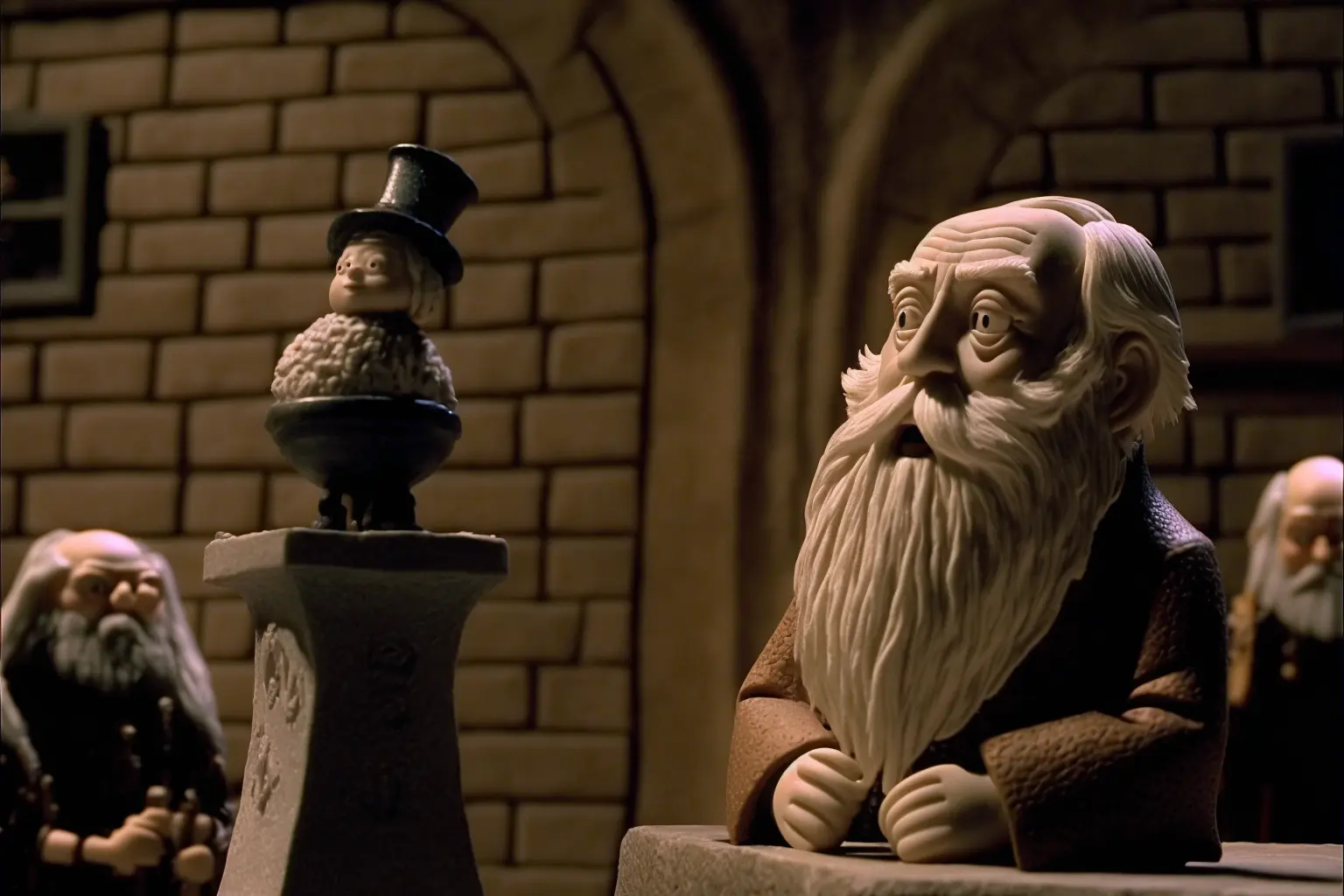 DVD screengrab from stop motion movie, claymation, dumbledore giving a speech in the great hall, directed by Tim Burton